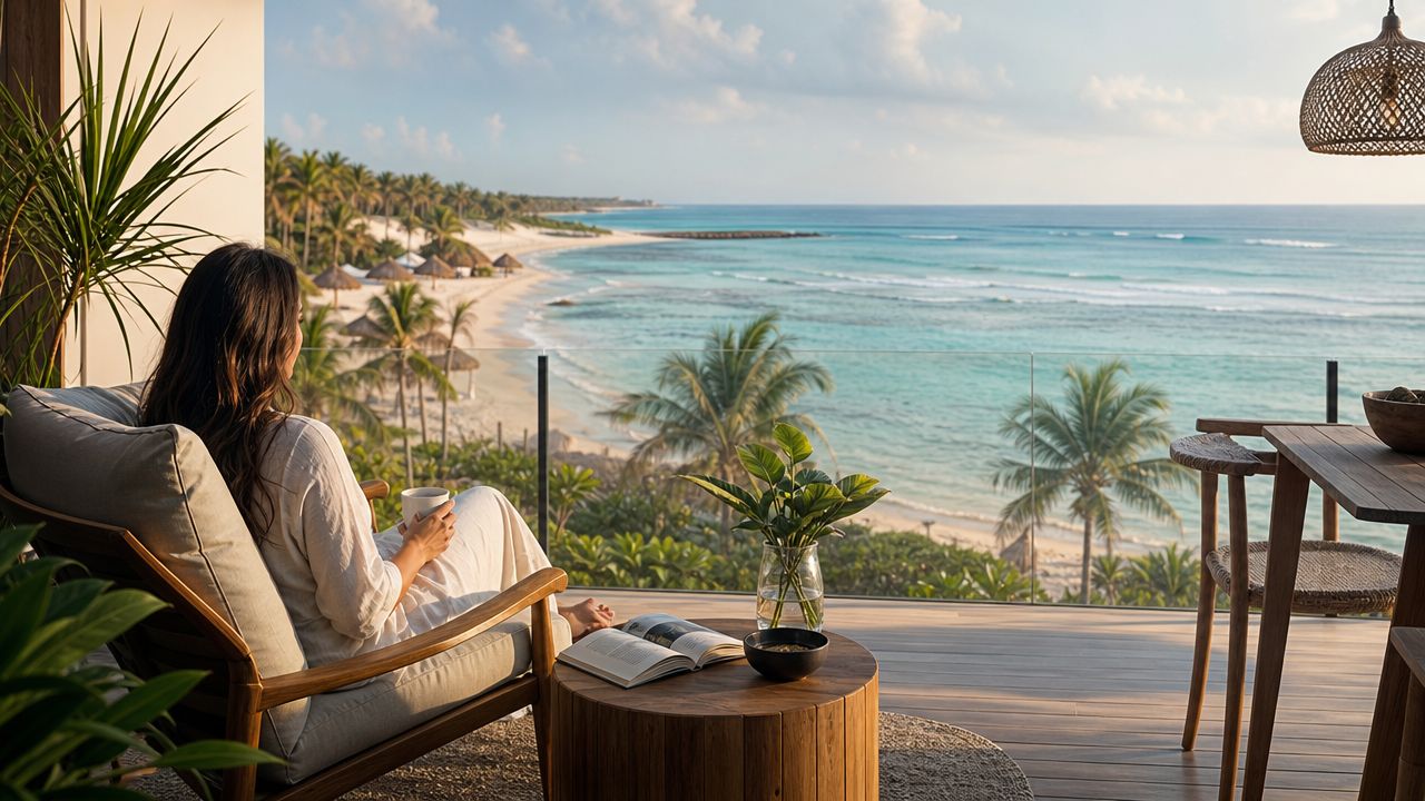 Mujer disfrutando de una vista relajante hacia el mar Caribe desde una terraza privada de lujo.