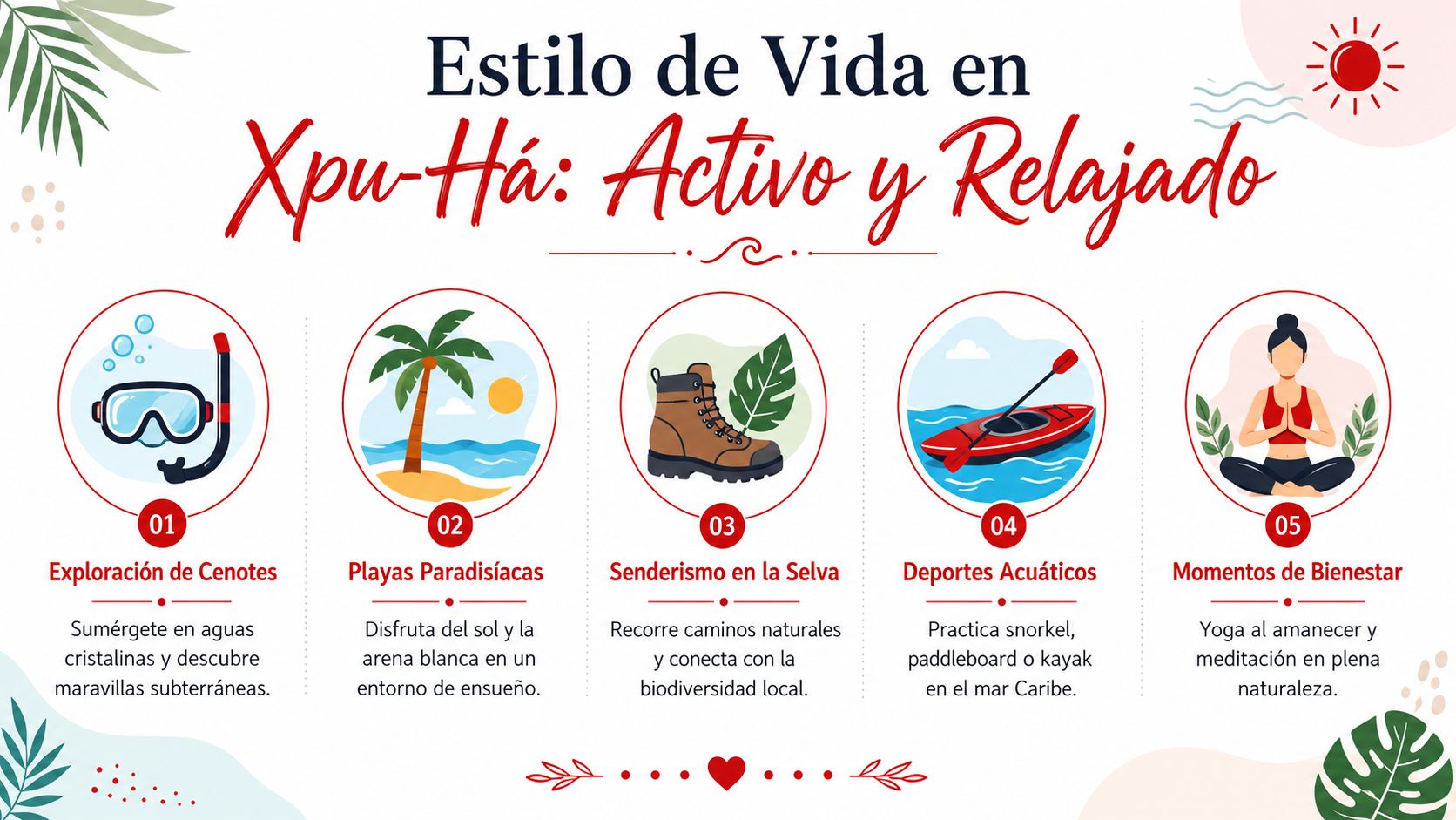 Una infografía colorida sobre el estilo de vida activo y relajado en la zona de Xpu-Há, México.