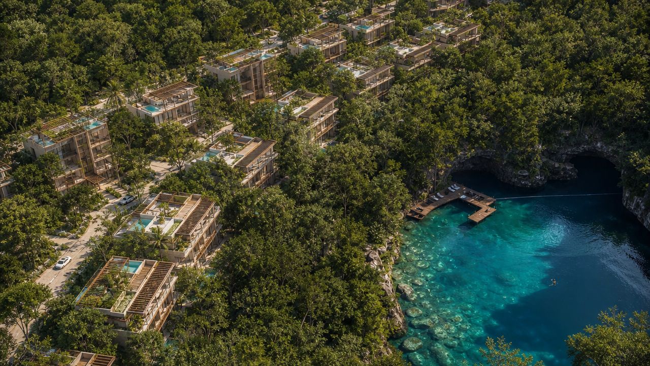 Vista aérea de un complejo turístico de lujo rodeado de selva junto a un cenote azul turquesa.