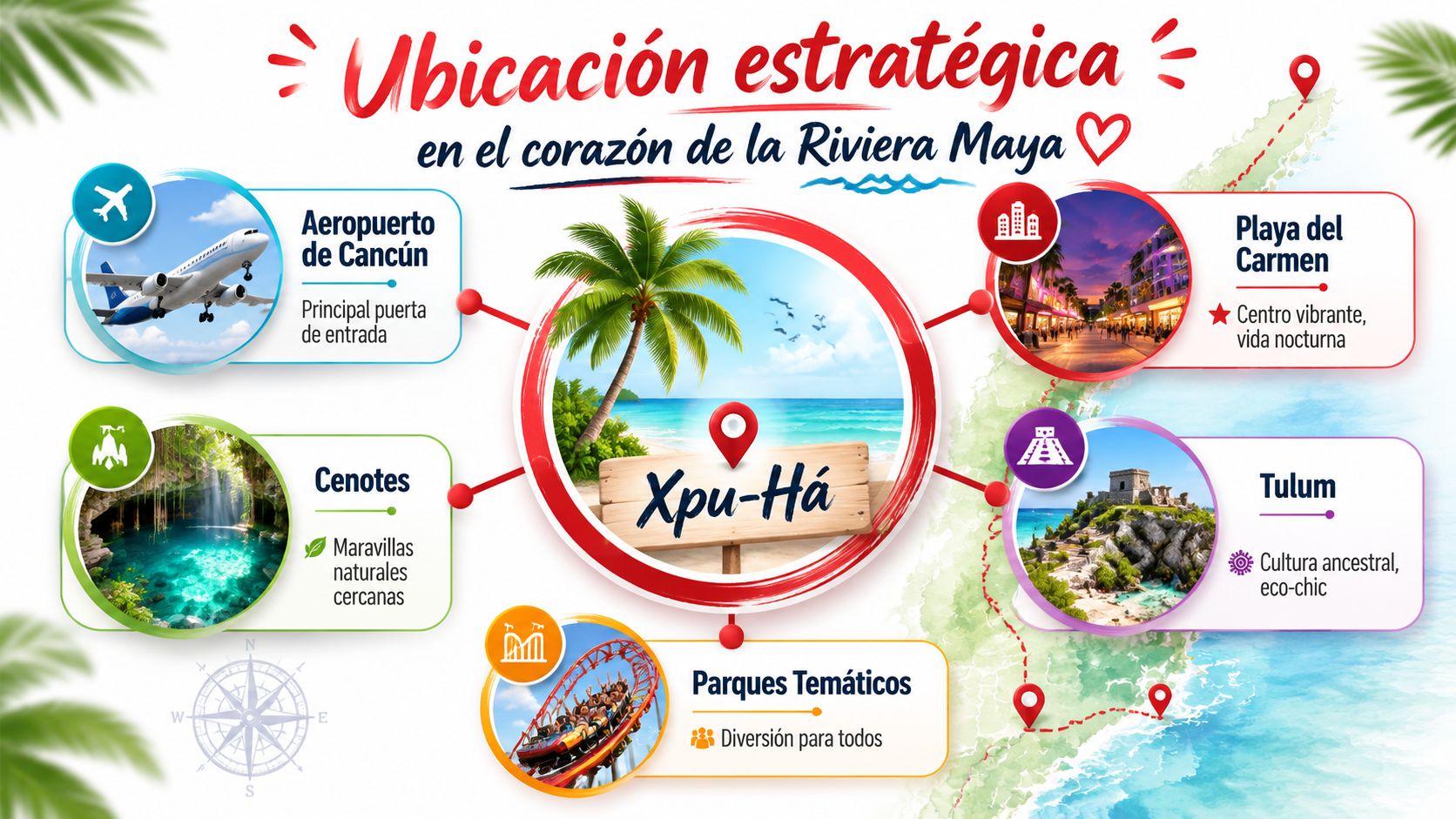 Mapa ilustrado que muestra la ubicación estratégica de Xpu-Há en el corazón de la Riviera Maya.