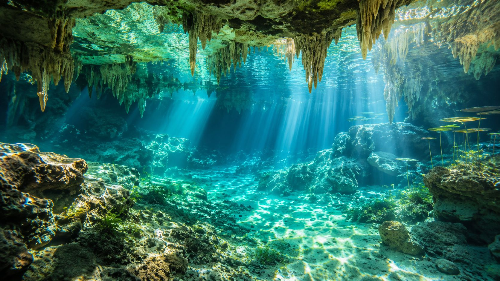 Impresionantes formaciones de estalactitas en un cenote de agua cristalina iluminado por rayos de sol subacuáticos