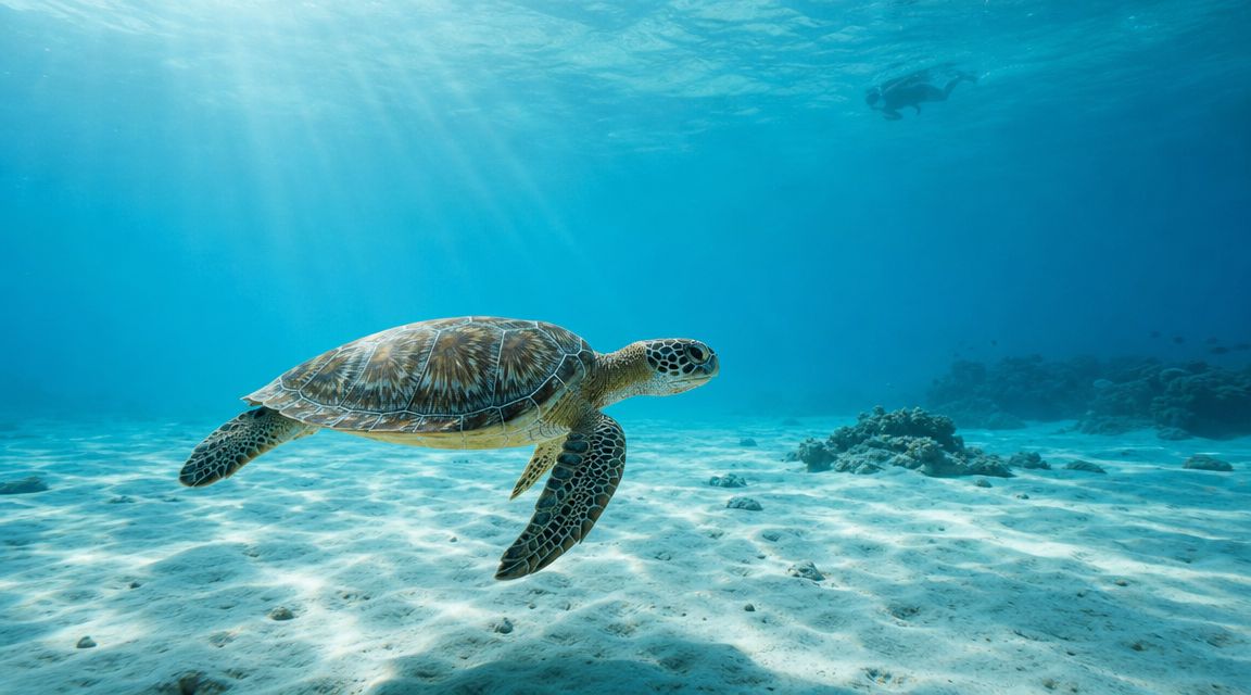 Una tortuga marina nada tranquilamente en aguas cristalinas cerca de un arrecife en el Caribe mexicano.