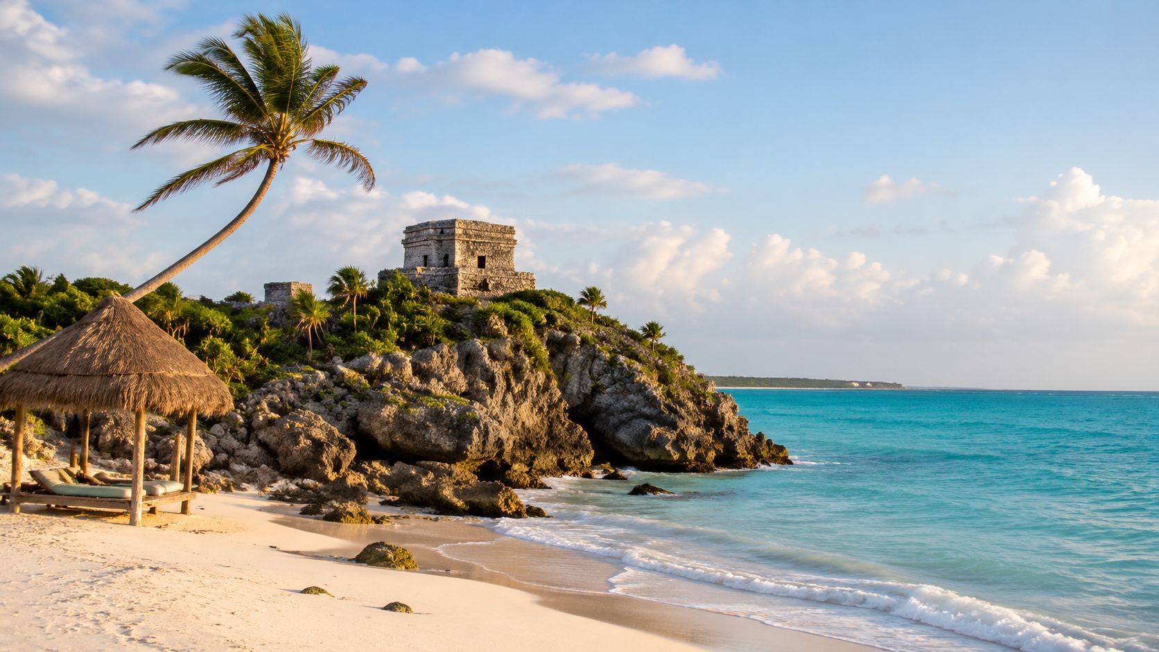 Antiguas ruinas mayas situadas sobre un acantilado rocoso frente a las aguas turquesas de una playa caribeña.