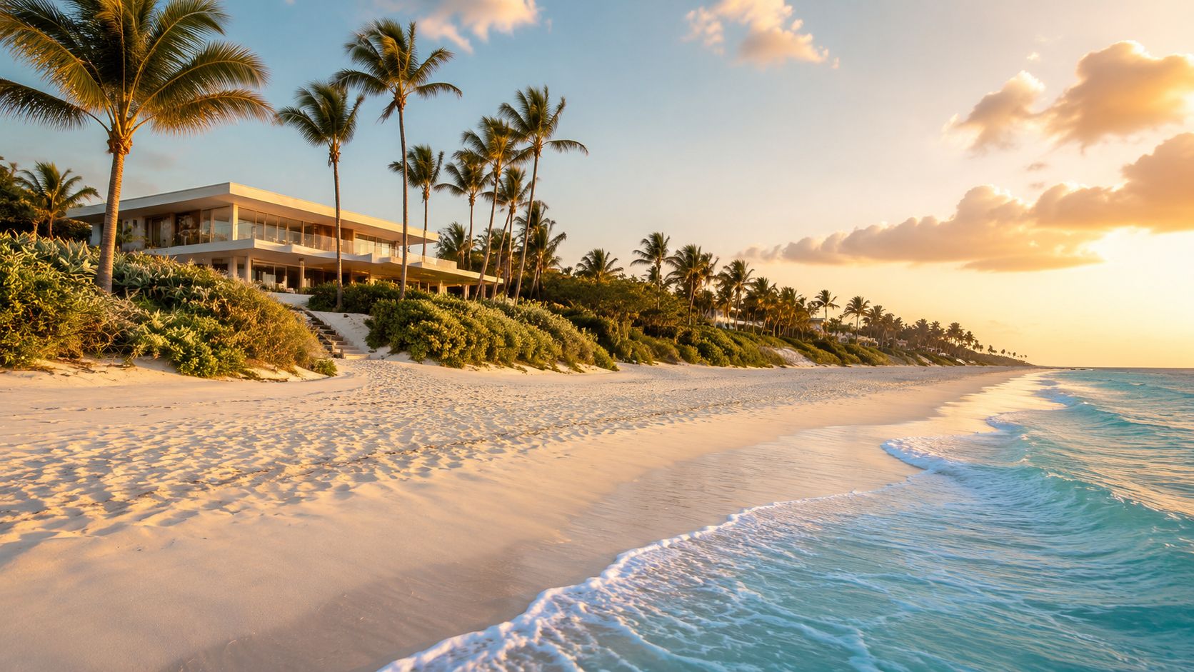 Una lujosa villa frente al mar rodeada de palmeras en una paradisíaca playa de arena blanca al atardecer.