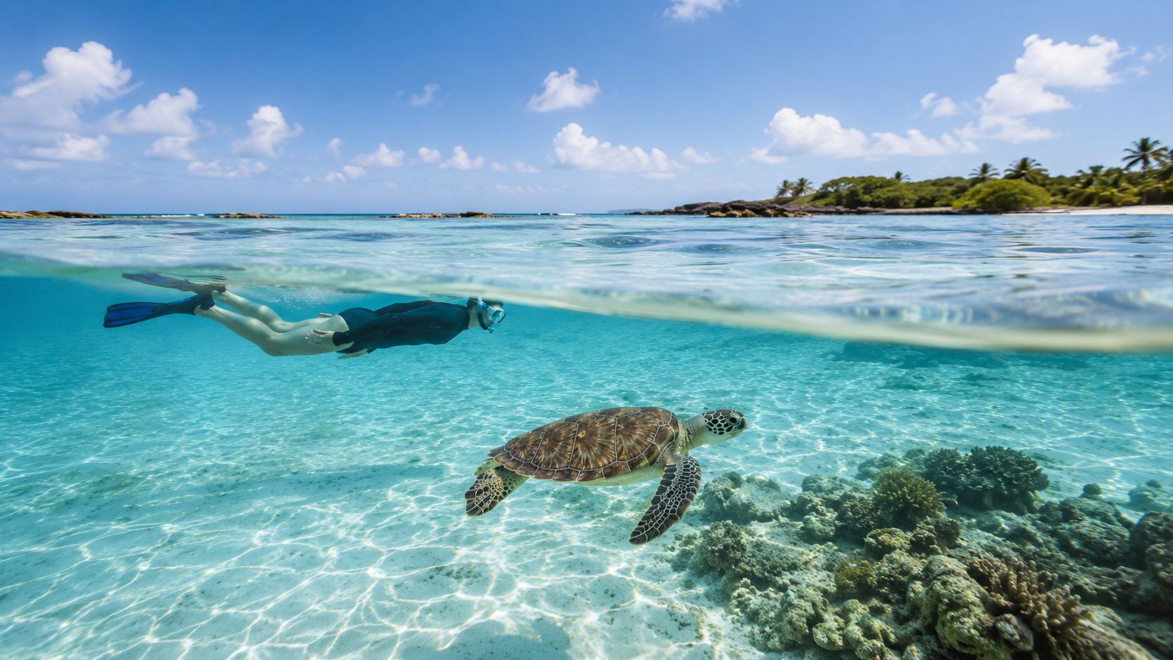 Una persona haciendo snorkel junto a una tortuga marina en aguas cristalinas y turquesas de la playa.