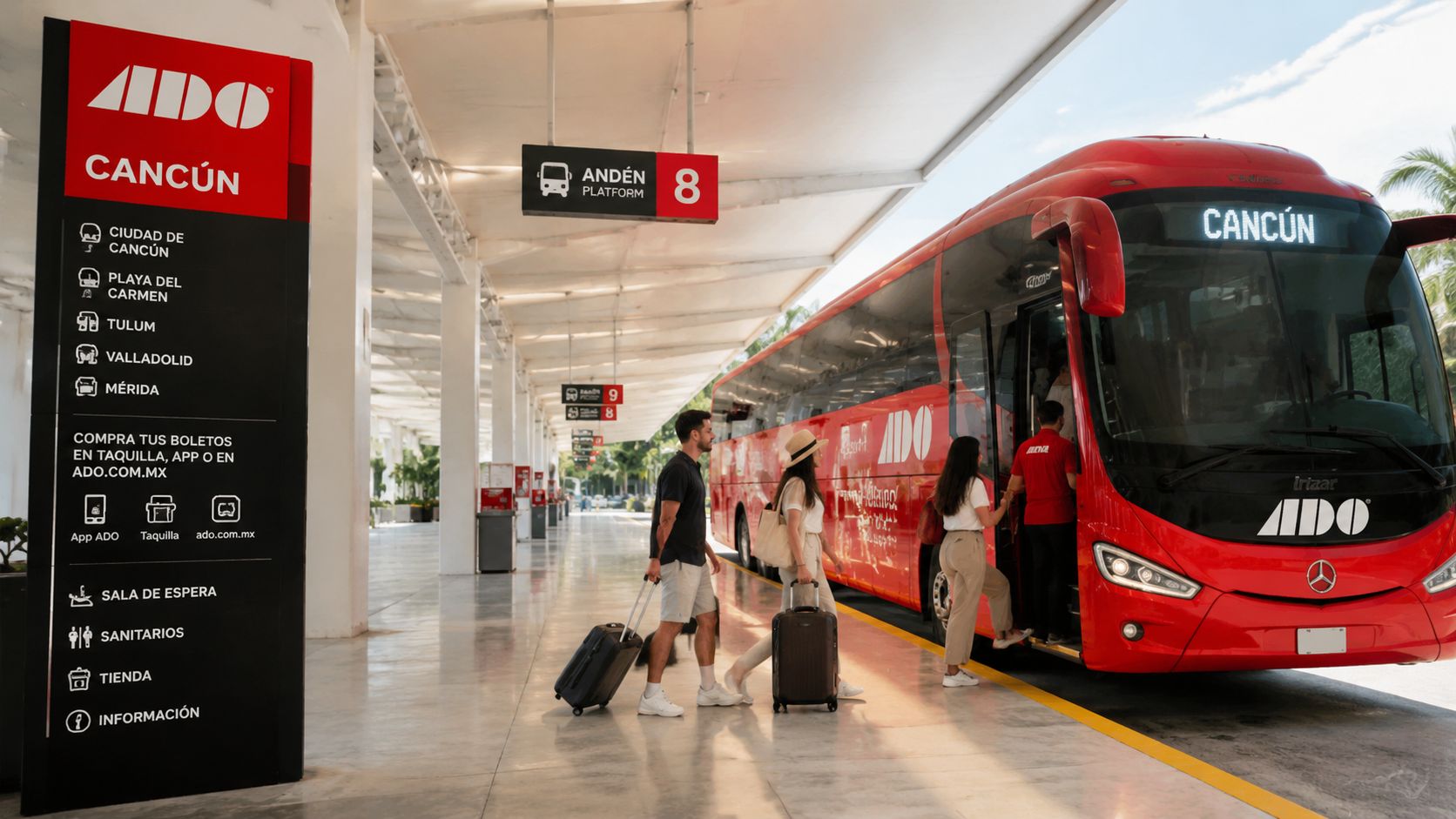 Pasajeros abordando un autobús ADO en la plataforma 8 de la terminal de autobuses de Cancún.