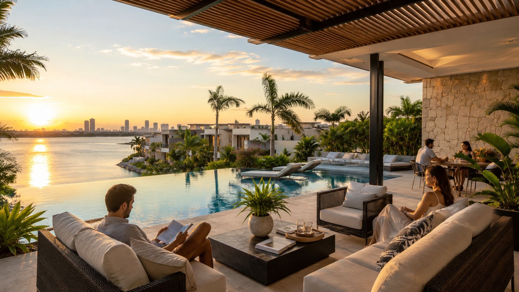 Una lujosa terraza con piscina infinita al atardecer frente a la costa y el horizonte de Cancún.