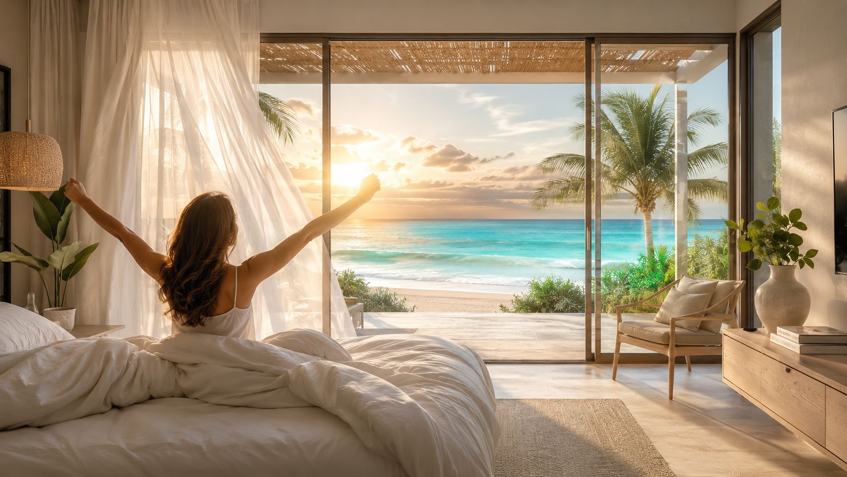 Mujer despertando con los brazos abiertos en una habitación de lujo frente a una playa paradisiaca.