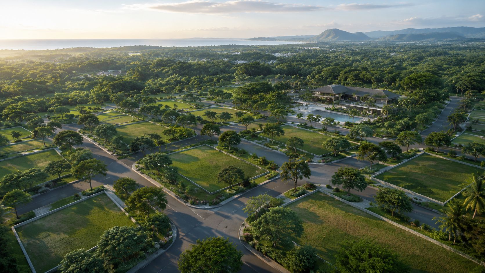 Vista aérea de un residencial rodeado de naturaleza con jardines, árboles y una lujosa casa con piscina.