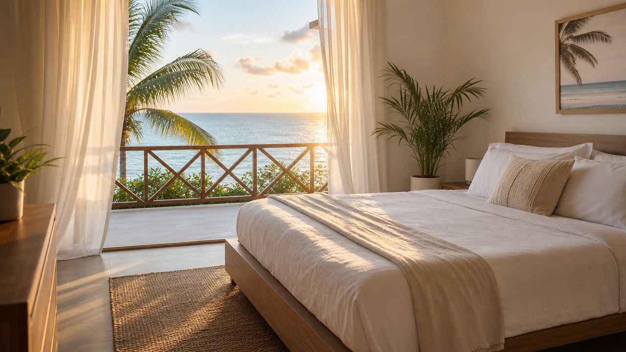 Dormitorio luminoso con cama cómoda y acceso directo a una terraza con vista al mar y palmeras.