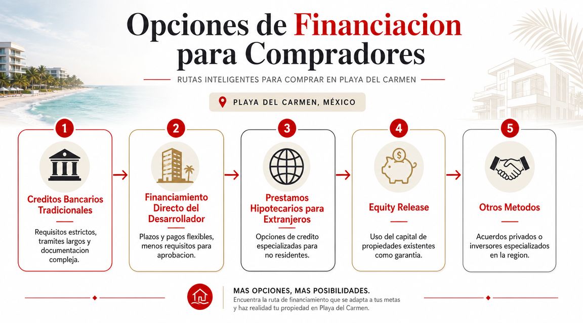 Infografía sobre opciones de financiamiento para comprar propiedades inmobiliarias en Playa del Carmen, México.