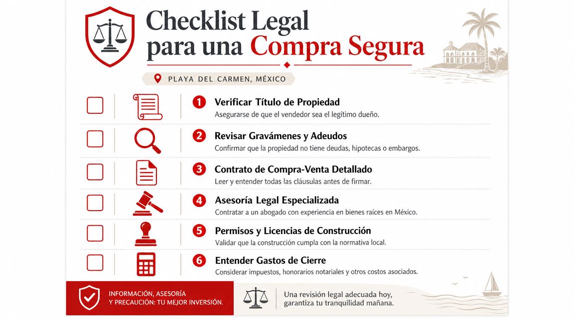 Lista de verificación legal para la compra segura de propiedades inmobiliarias en Playa del Carmen, México.