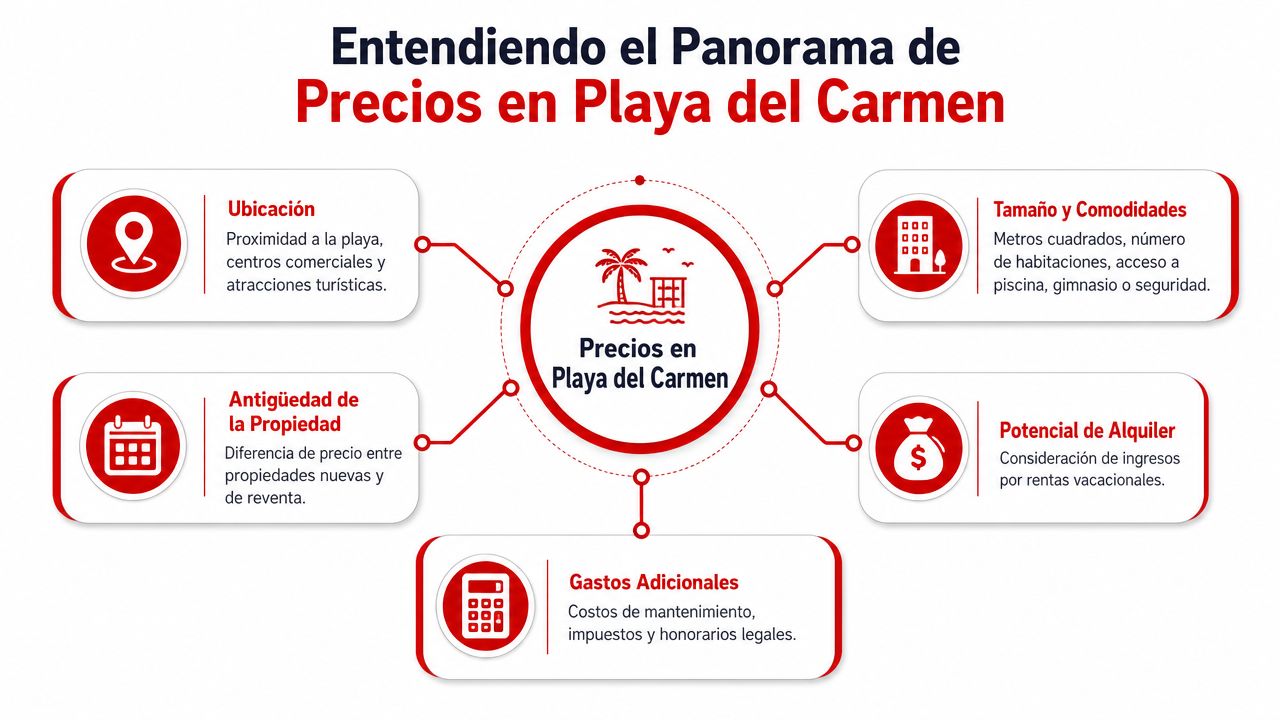 Infografía sobre los factores clave que determinan el precio de las propiedades en Playa del Carmen, México.