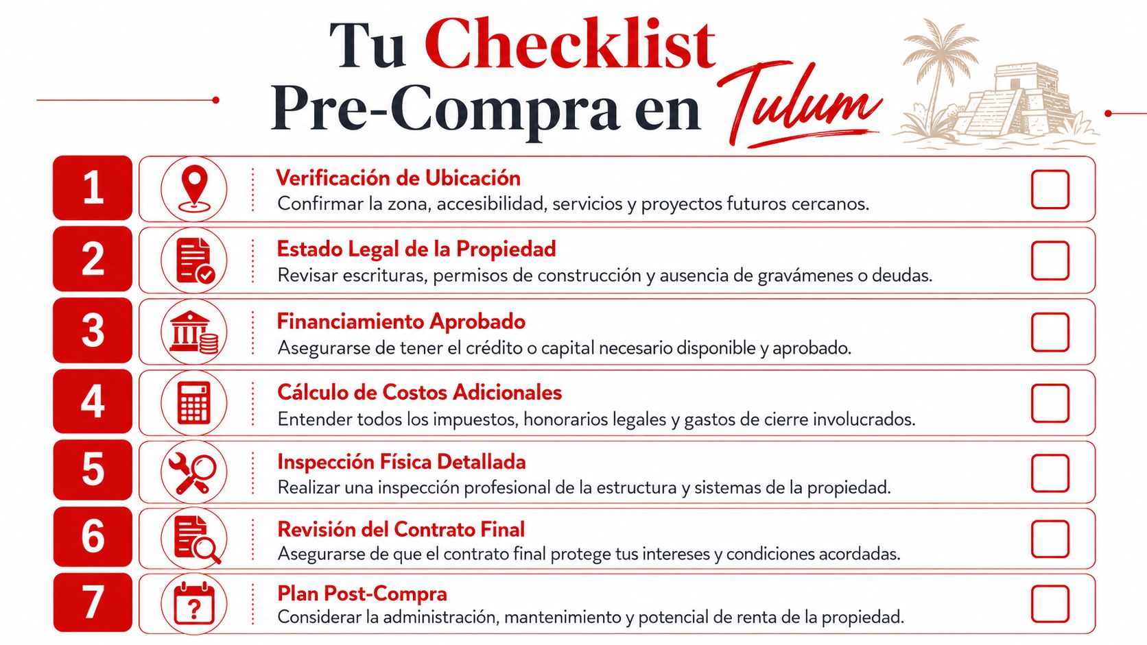 Lista de verificación para comprar propiedades en Tulum, detallando pasos esenciales desde la ubicación hasta el mantenimiento.