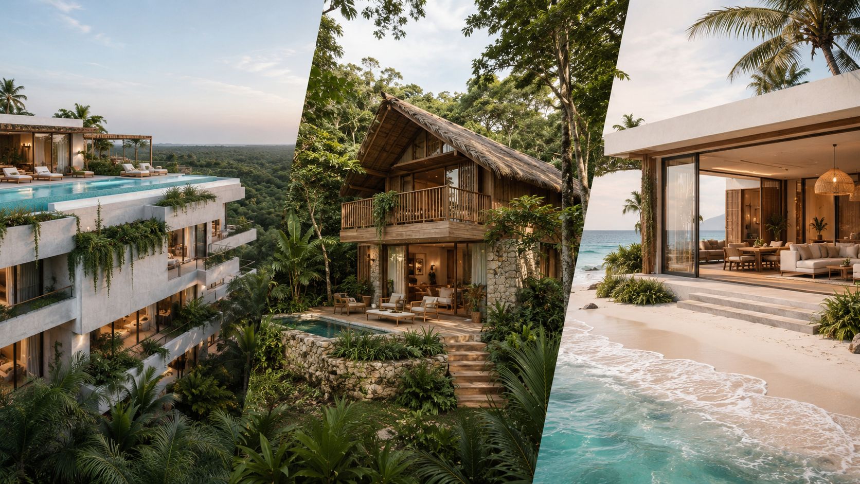 Collage de tres impresionantes villas de lujo en la selva y la playa de Tulum, México.
