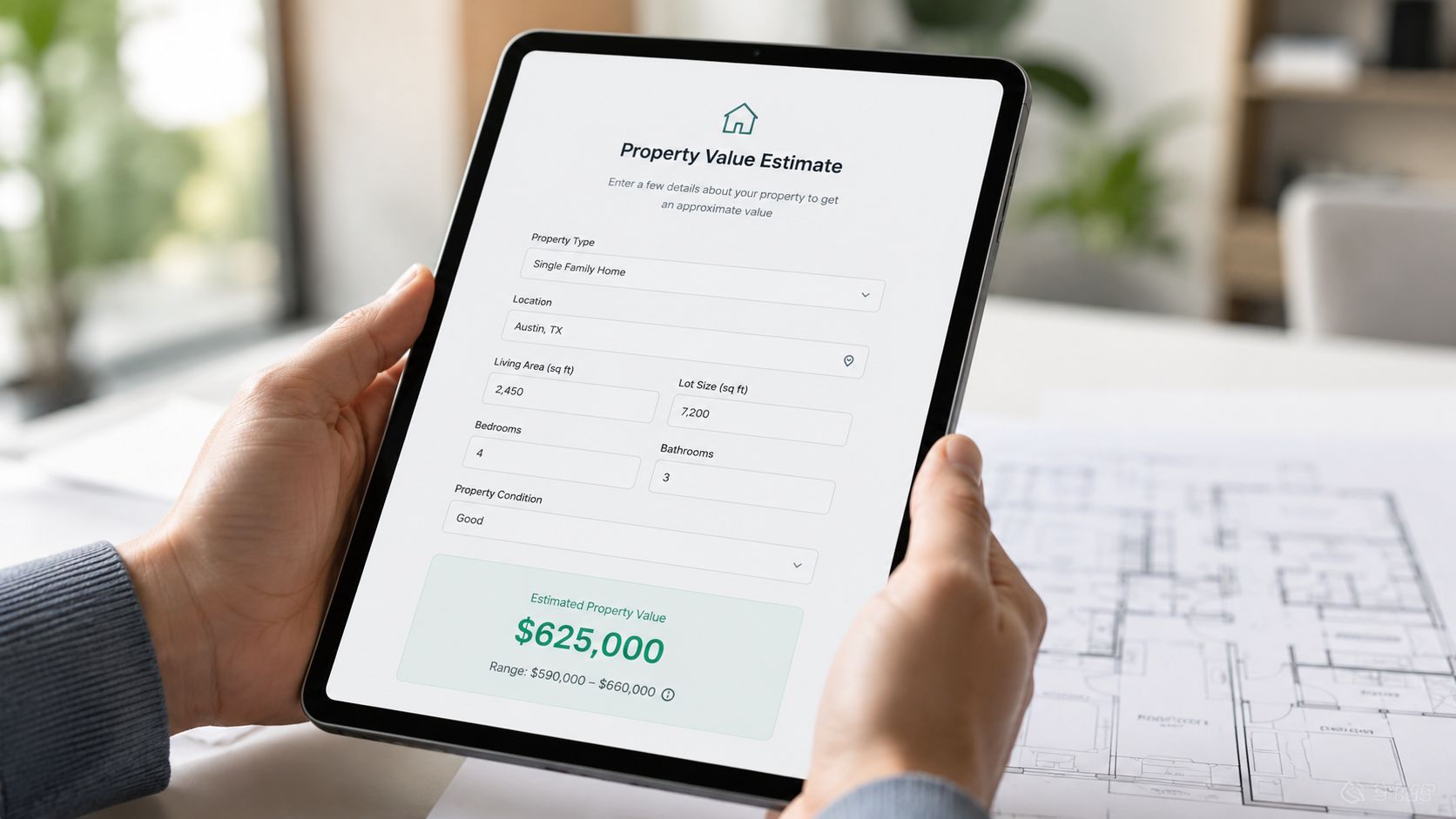 Persona sosteniendo una tableta que muestra una calculadora digital para estimar el valor de una propiedad inmobiliaria.