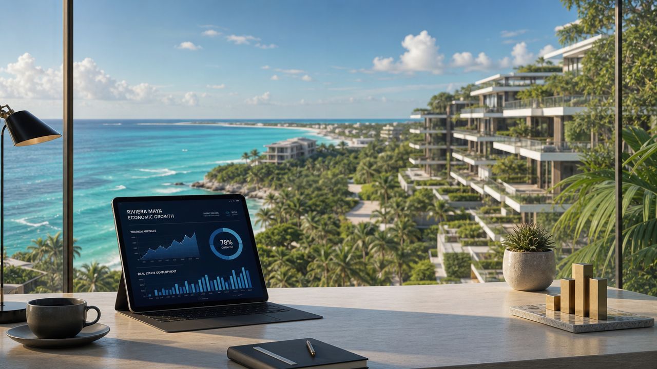 Una oficina con vista al mar y datos económicos de la Riviera Maya en una pantalla digital.
