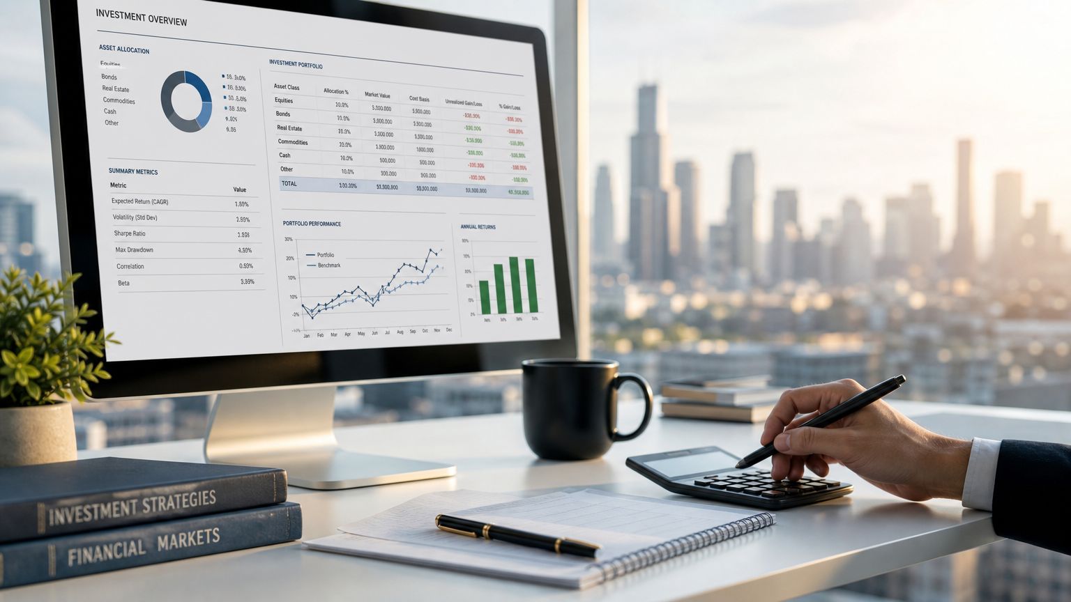 Persona analizando datos financieros y estrategias de inversión en bienes raíces con una pantalla de computadora.