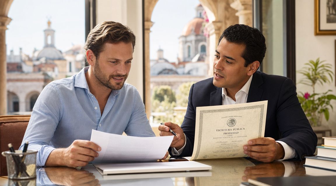 Un agente inmobiliario y un cliente revisando documentos legales de propiedad en una oficina profesional en México.