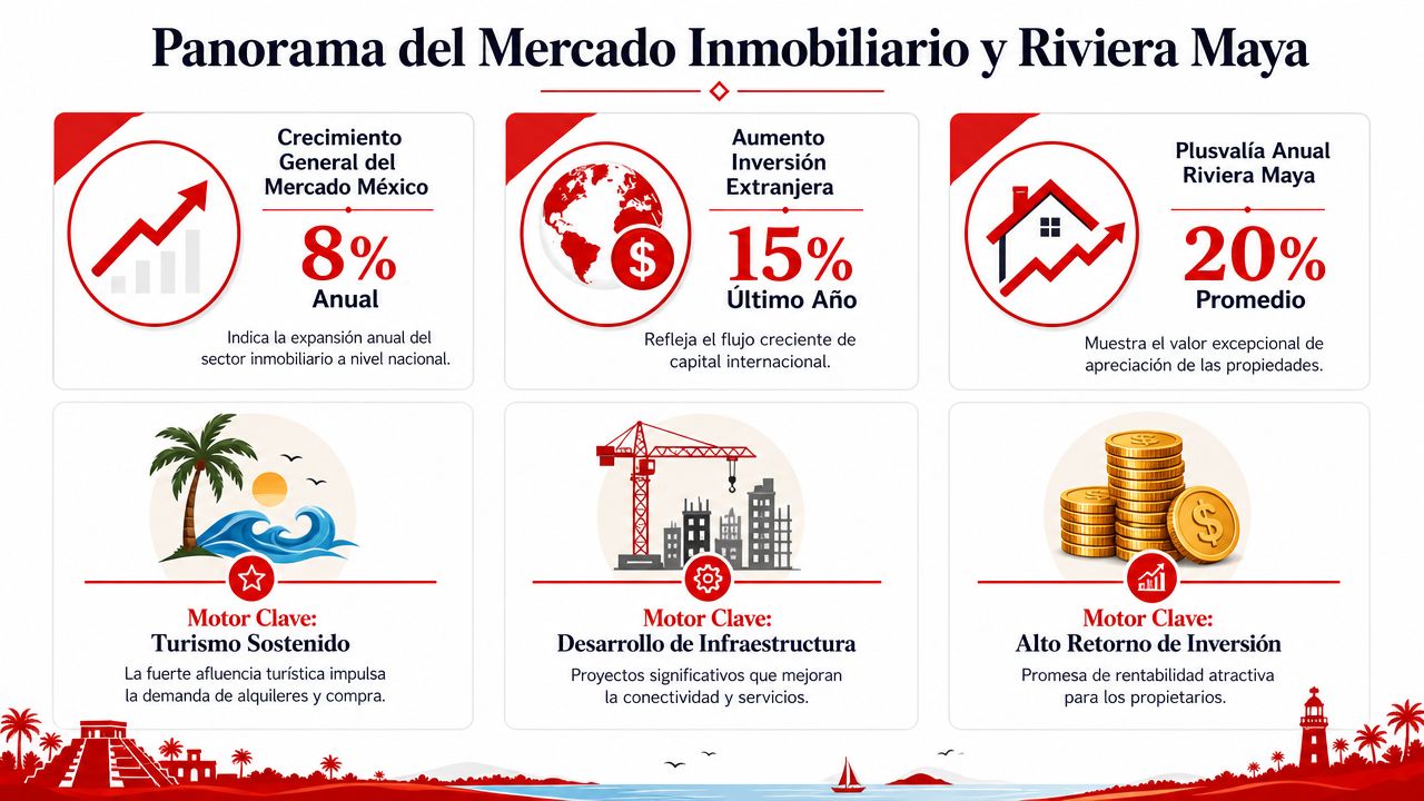 Infografía sobre el panorama del mercado inmobiliario y las oportunidades de inversión en la Riviera Maya.
