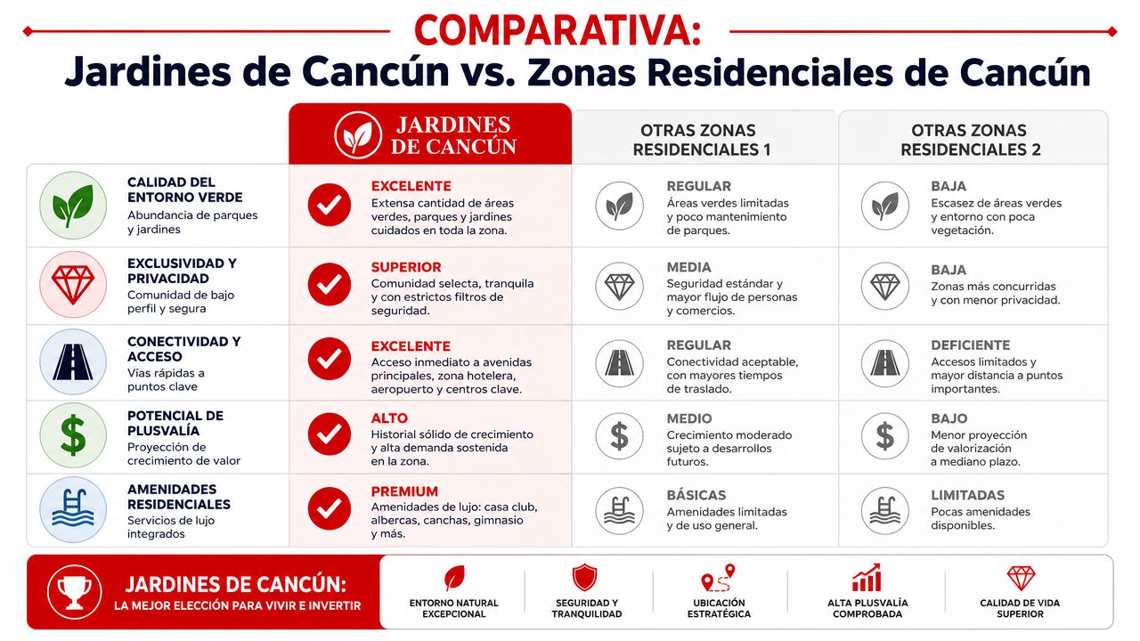 Tabla comparativa de Jardines de Cancún destacando sus ventajas sobre otras zonas residenciales en Cancún.
