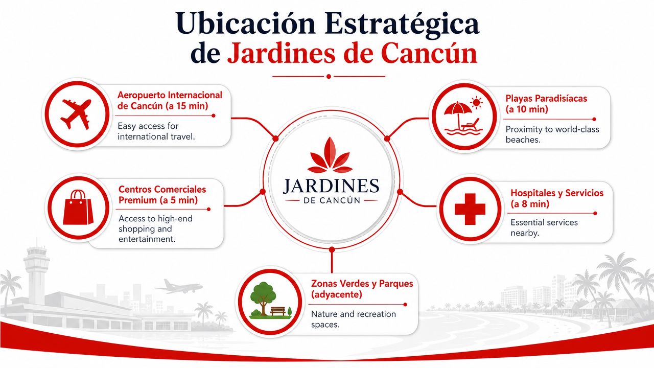 Infografía sobre la ubicación estratégica de Jardines de Cancún mostrando cercanía a servicios, playas y aeropuerto.