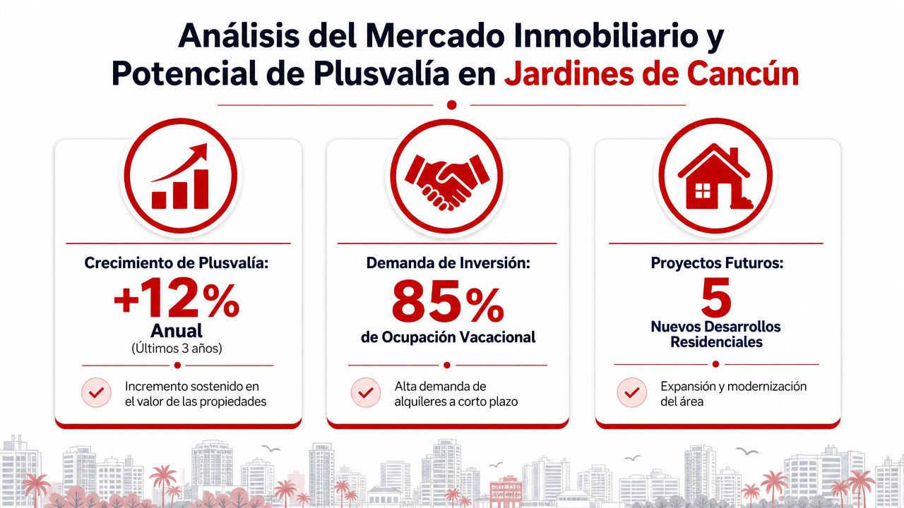 Infografía sobre el análisis inmobiliario y el crecimiento del valor de propiedades en Jardines de Cancún.