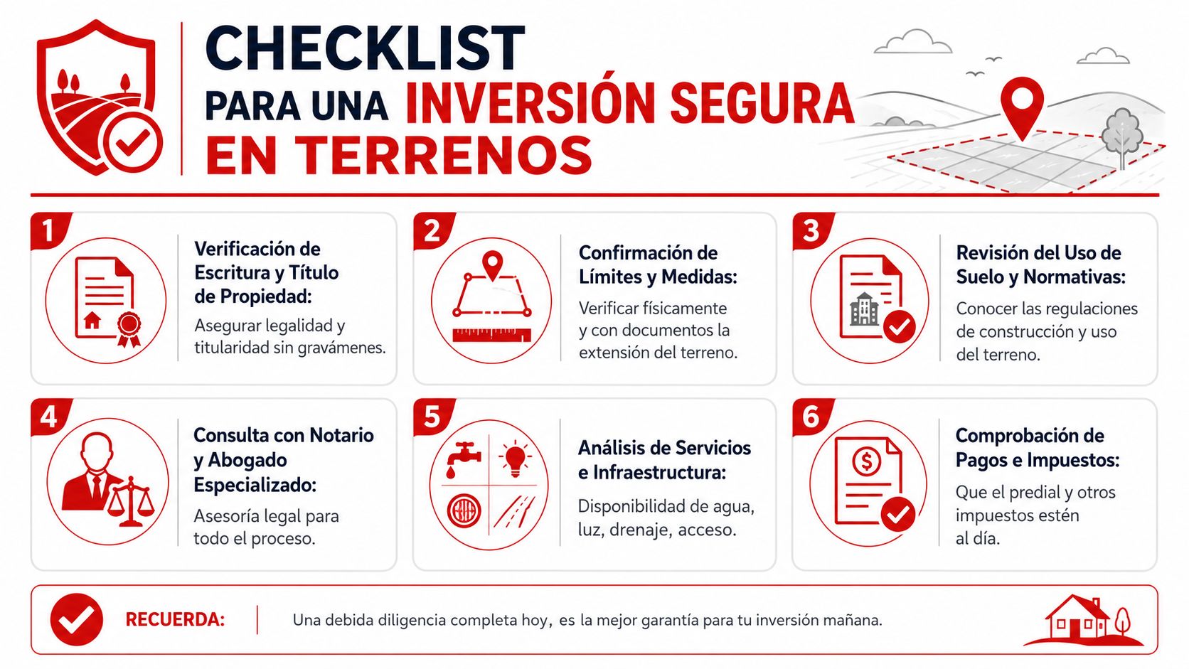 Infografía con una lista de seis puntos clave para realizar una inversión segura en terrenos inmobiliarios.