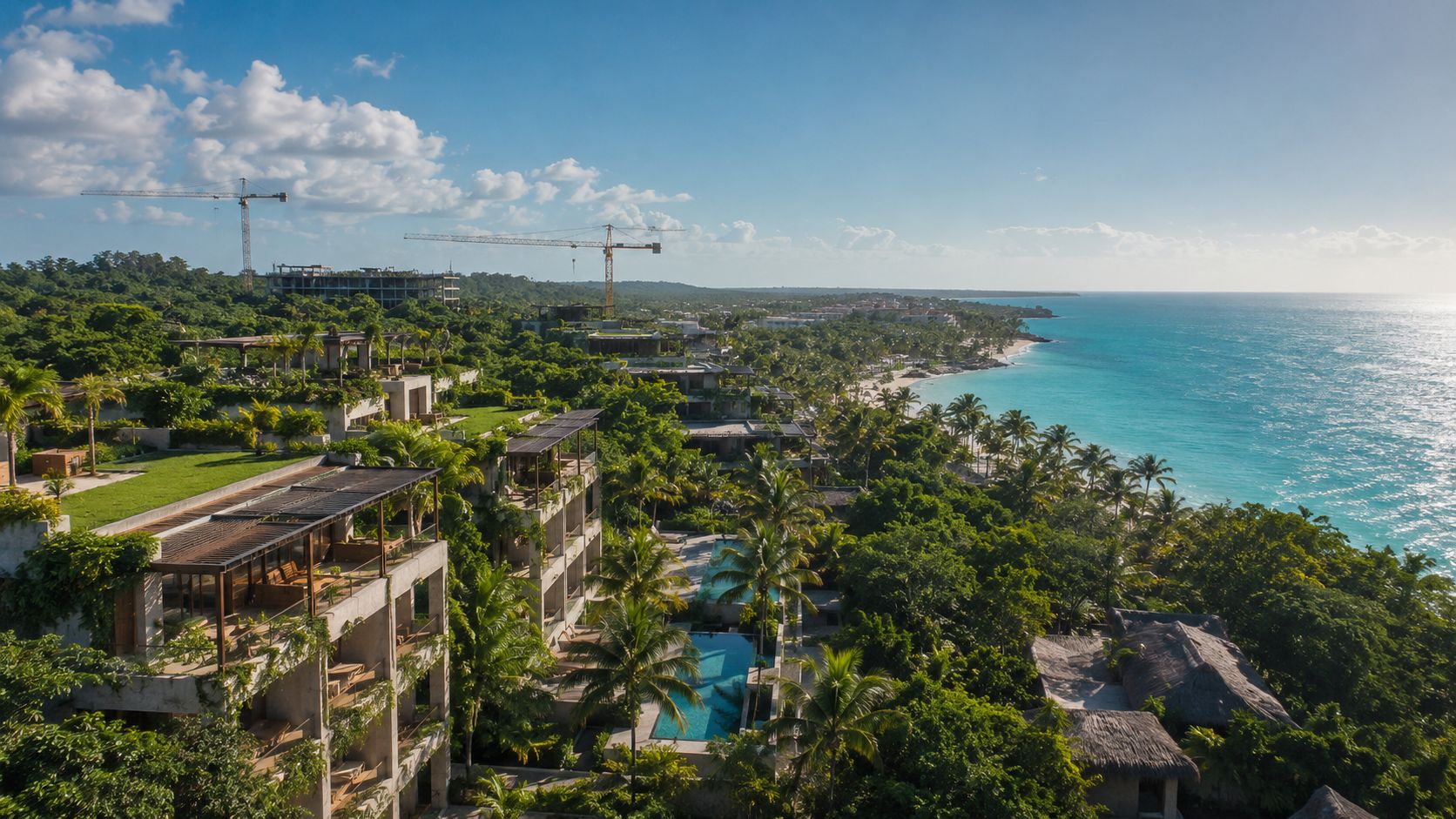 Vista aérea de un complejo turístico de lujo rodeado de selva junto a la playa en Tulum.