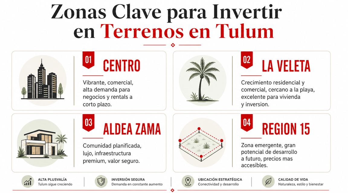 Infografía sobre las cuatro mejores zonas para invertir en terrenos en la ciudad de Tulum, México.