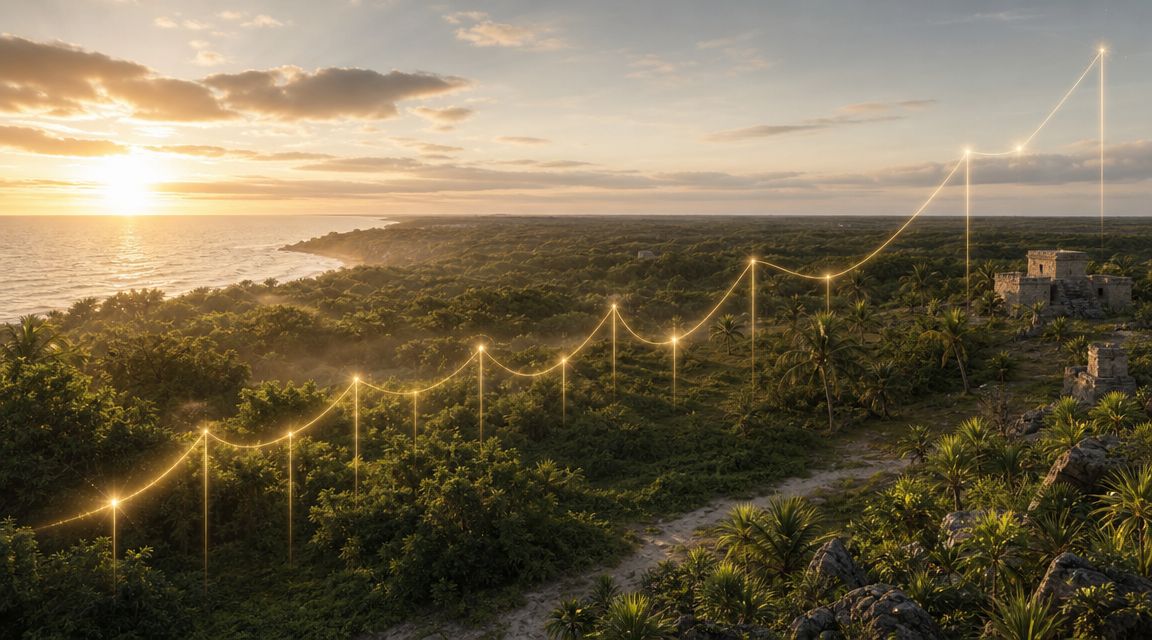 Vista aérea al atardecer de ruinas mayas en Tulum rodeadas de selva tropical y luces brillantes.
