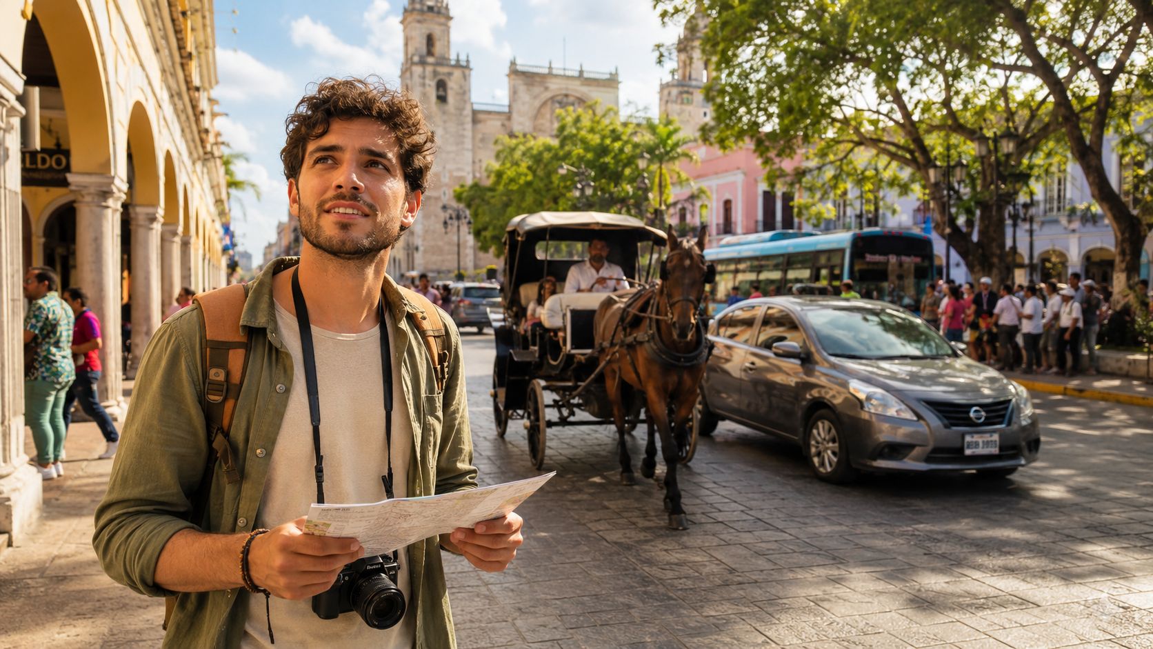 Un turista joven explorando el centro histórico de Mérida con un mapa y una cámara fotográfica.