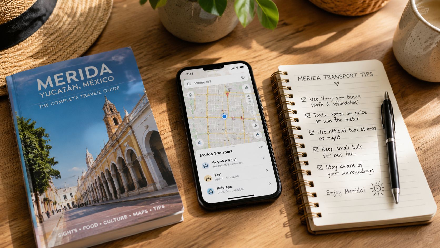 Guía de viaje, smartphone con mapa y libreta de consejos sobre transporte en Mérida, México.