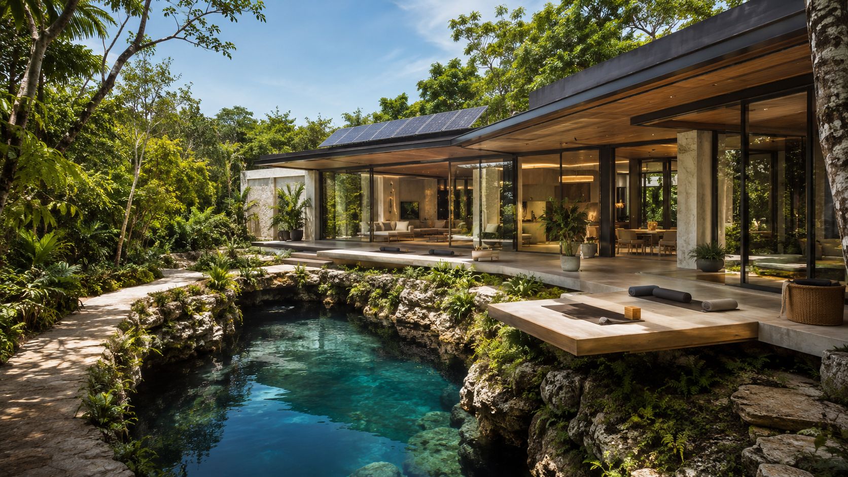 Una moderna casa de lujo con piscina natural rodeada de selva tropical en Playa del Carmen, México.