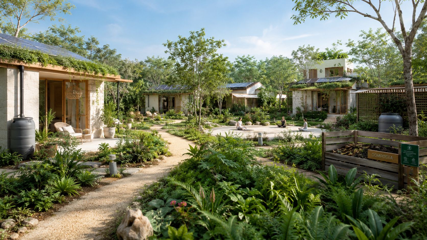 Complejo residencial eco-sostenible en Playa del Carmen con casas modernas, jardines exuberantes y personas practicando yoga al aire libre.