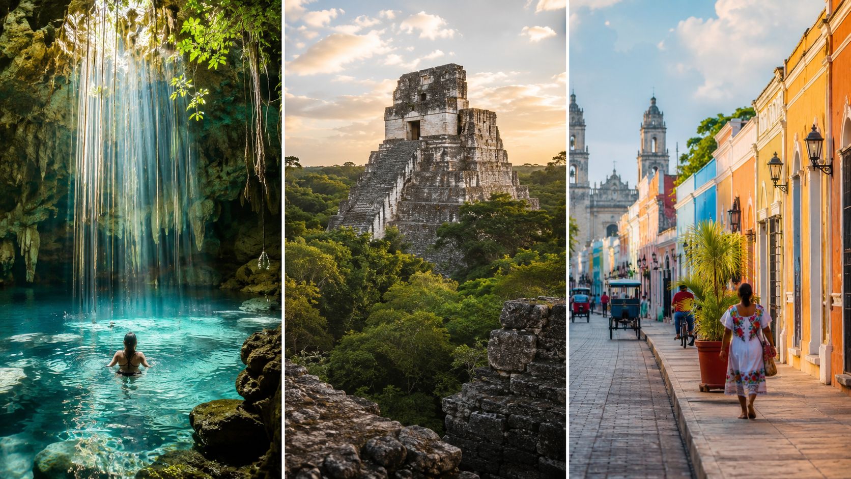 Collage que muestra un cenote, pirámides mayas antiguas y una colorida calle colonial en Yucatán, México.