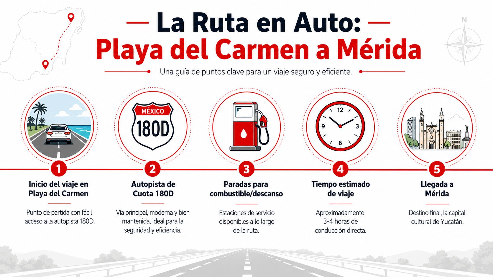Una infografía informativa sobre la ruta en auto desde Playa del Carmen hasta la ciudad de Mérida.