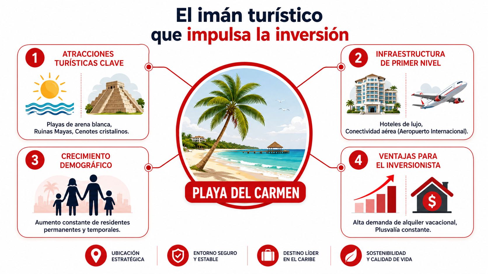 Infografía sobre Playa del Carmen resaltando atracciones, infraestructura, crecimiento demográfico y beneficios clave para inversores inmobiliarios.