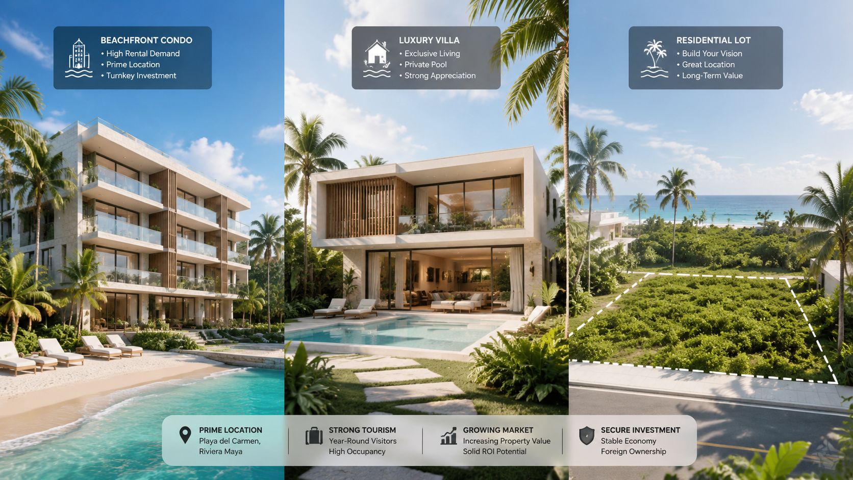 Tres opciones de inversión inmobiliaria en Playa del Carmen que incluyen condominios, villas y lotes residenciales.