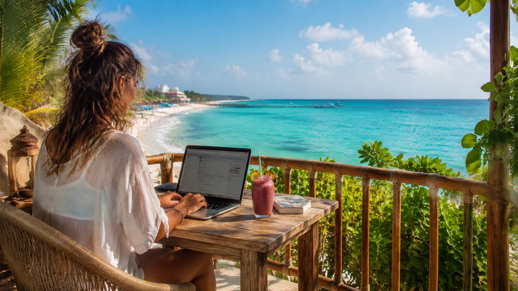 Mujer trabajando con su laptop en una terraza con vista panorámica al mar en Playa del Carmen.