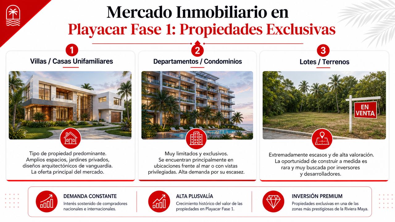 Infografía sobre el mercado inmobiliario de propiedades exclusivas en la zona residencial de Playacar Fase 1.
