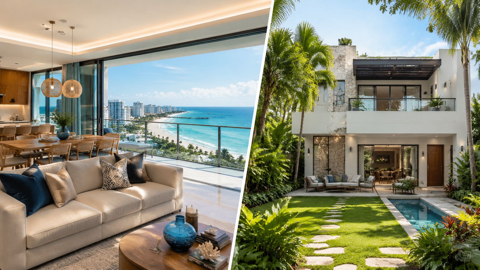 Vista combinada de un interior de lujo frente al mar y una villa moderna con piscina.