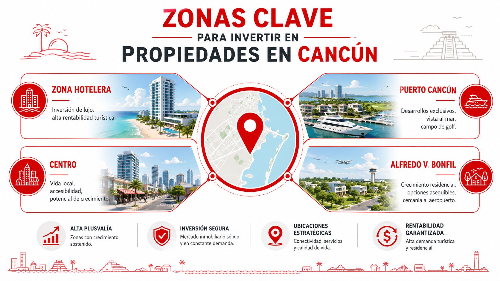Infografía sobre zonas clave para invertir en bienes raíces en Cancún con alta plusvalía y rentabilidad.