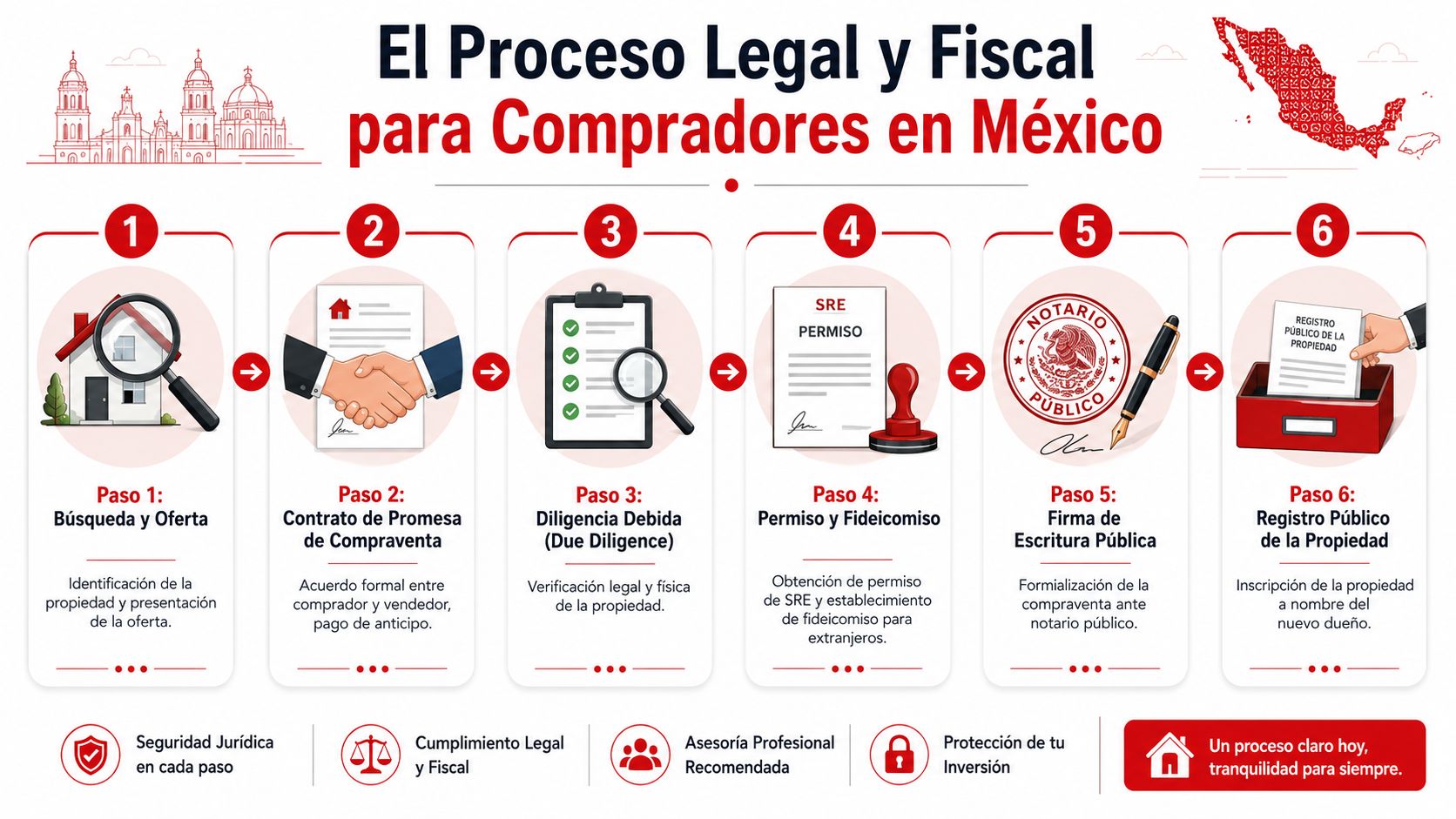 Infografía que detalla los seis pasos del proceso legal y fiscal para comprar propiedades en México.