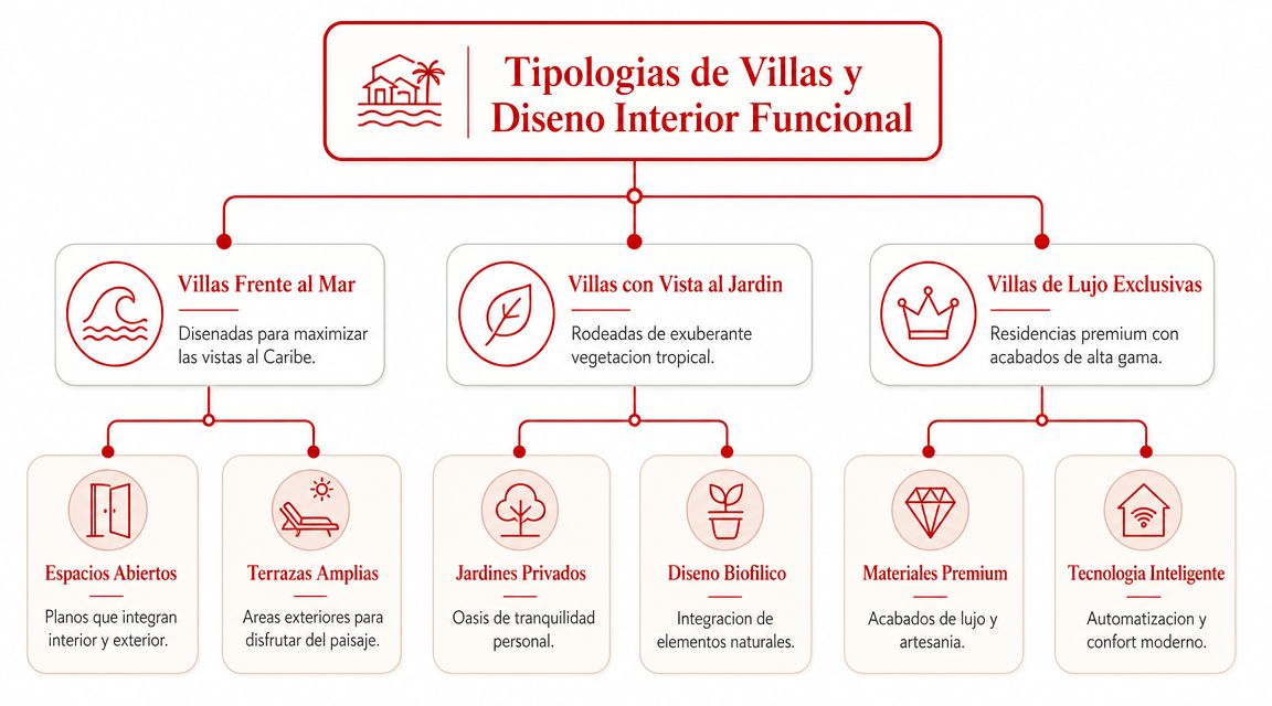 Organigrama sobre las tipologías de villas y diseño interior funcional en un entorno residencial tropical.