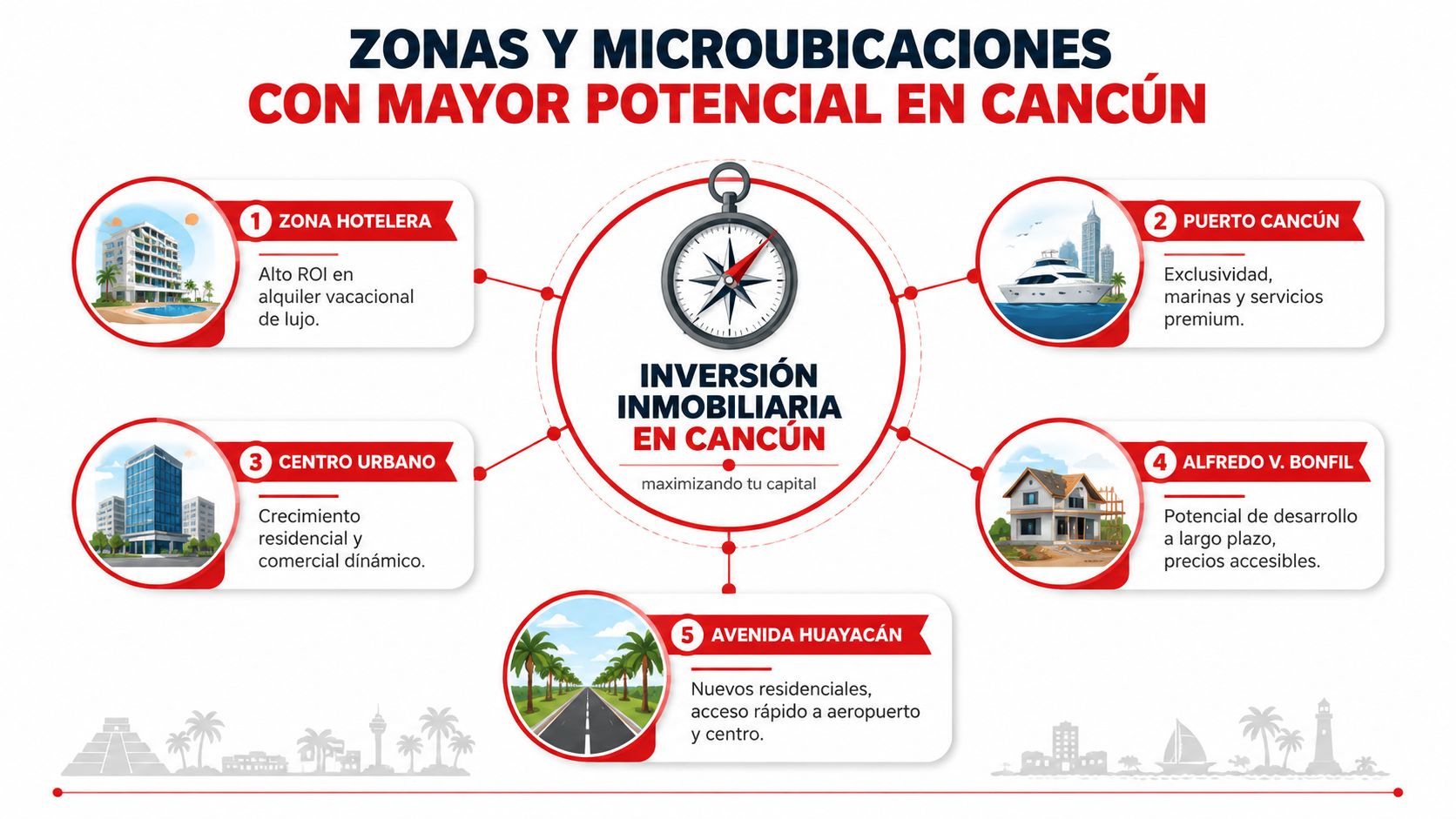 Infografía sobre zonas con mayor potencial para inversión inmobiliaria en la ciudad de Cancún, México.