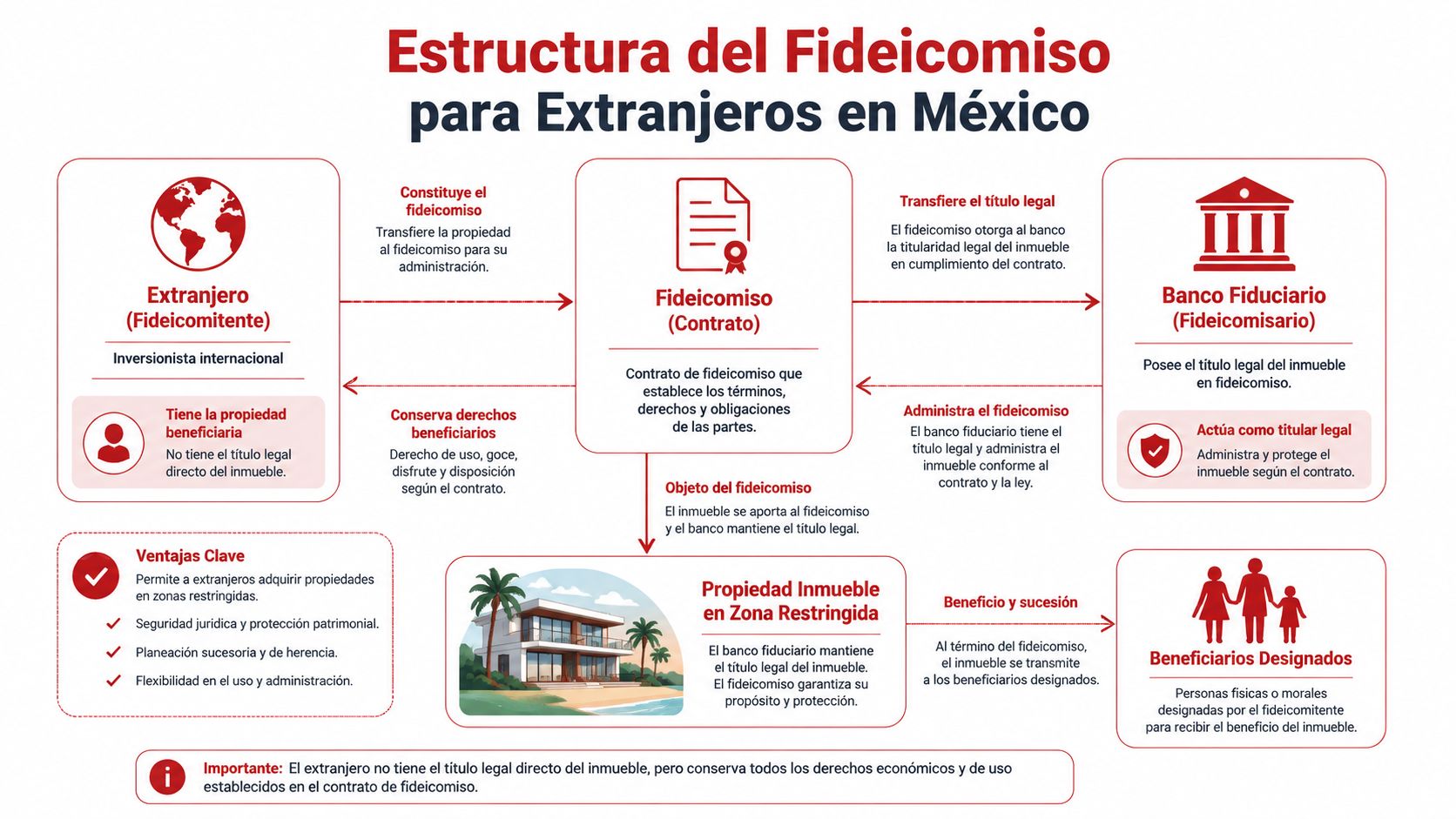Diagrama explicativo sobre la estructura del fideicomiso para extranjeros al adquirir propiedades inmobiliarias en México.