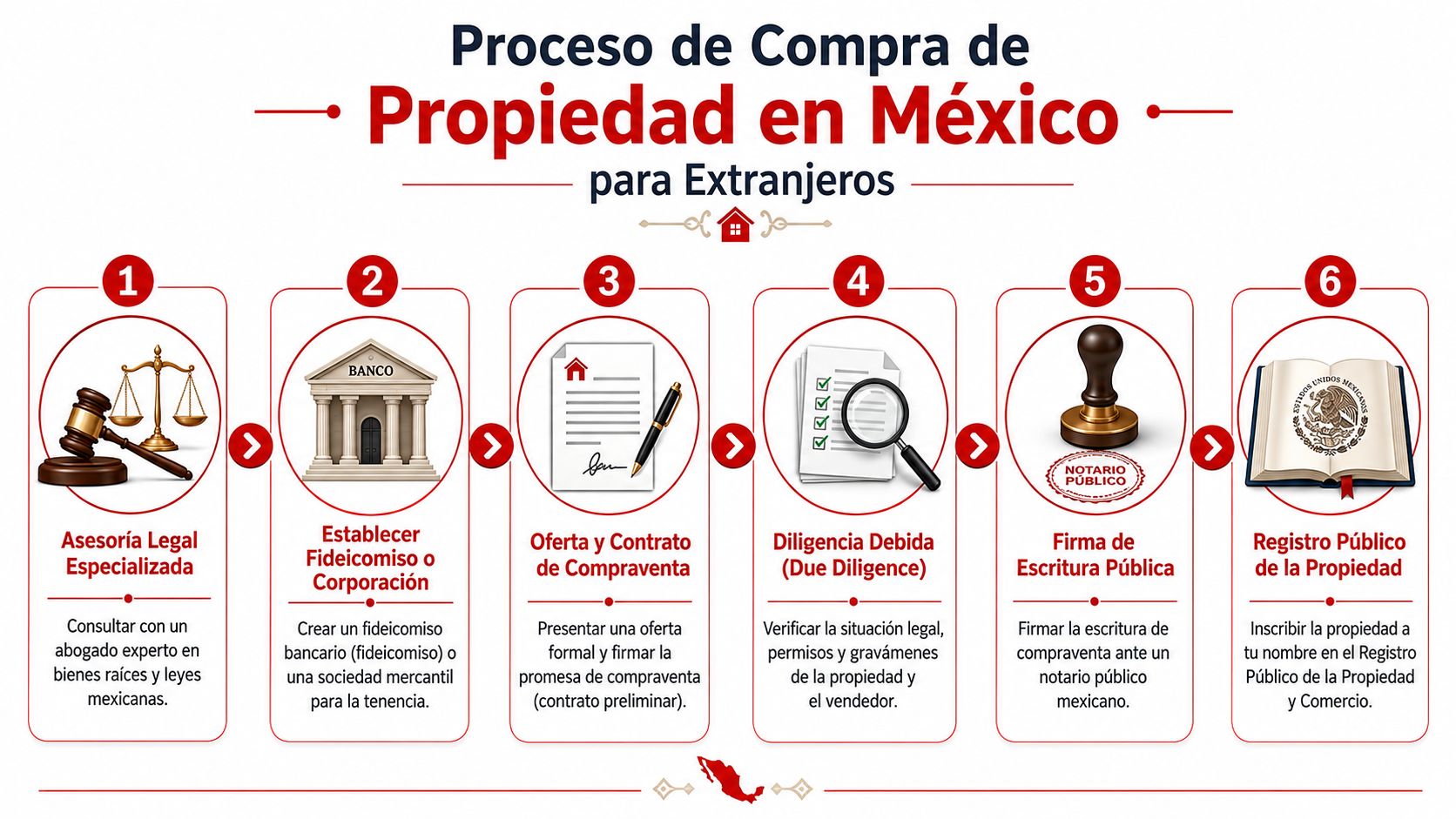 Infografía paso a paso sobre el proceso legal de compra de propiedades en México para extranjeros.