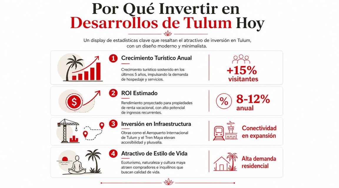 Infografía sobre las razones para invertir en desarrollos inmobiliarios en Tulum, destacando crecimiento y plusvalía.