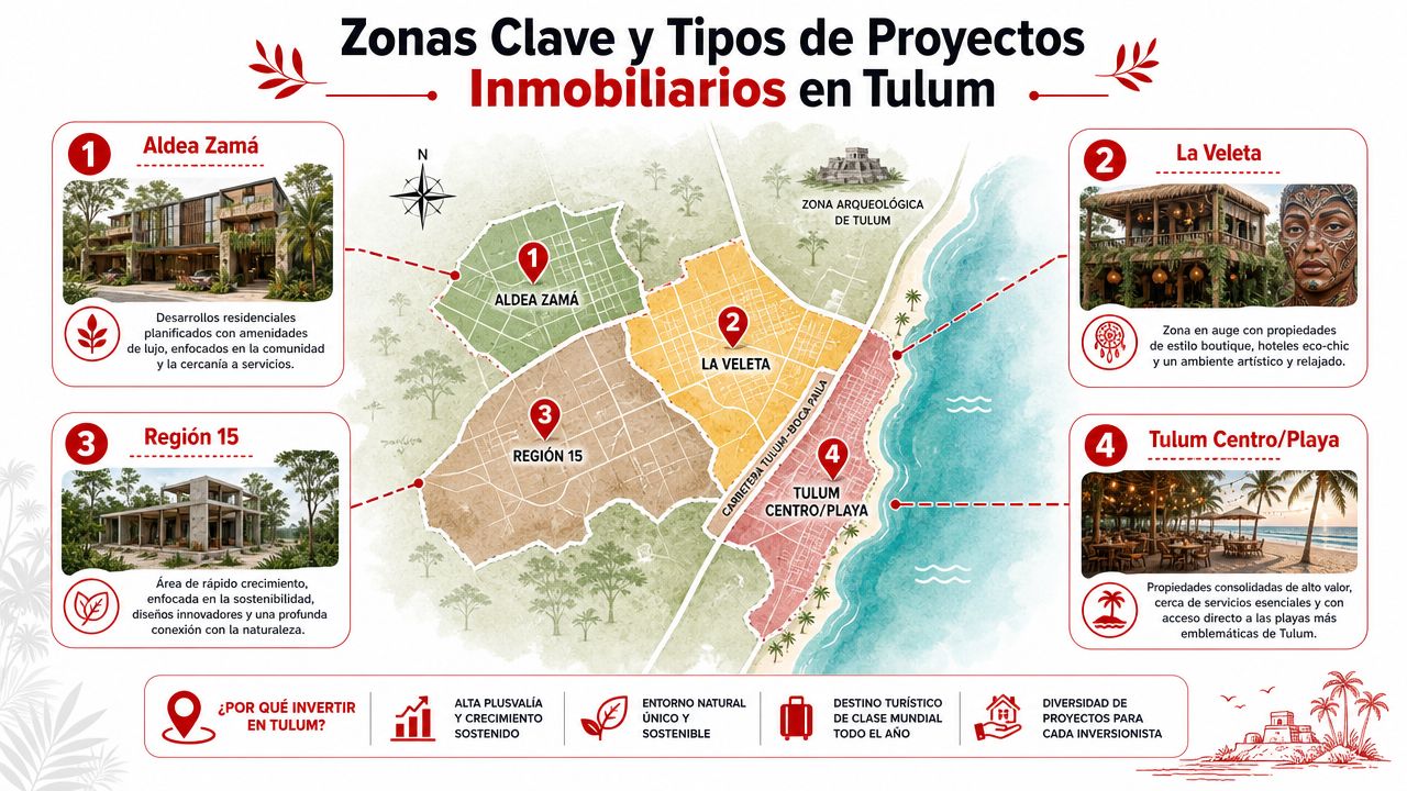 Mapa informativo detallando las cuatro zonas clave para desarrollos inmobiliarios y proyectos de inversión en Tulum.